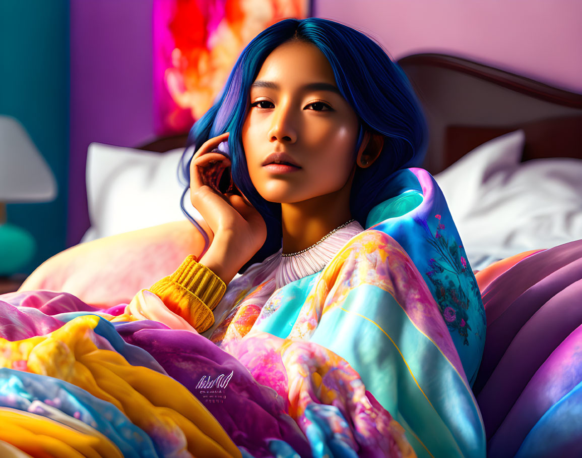 Blue-haired woman on bed with colorful bedding gazes thoughtfully