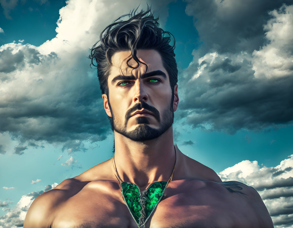 Muscular man with dark hair in front of dramatic clouds