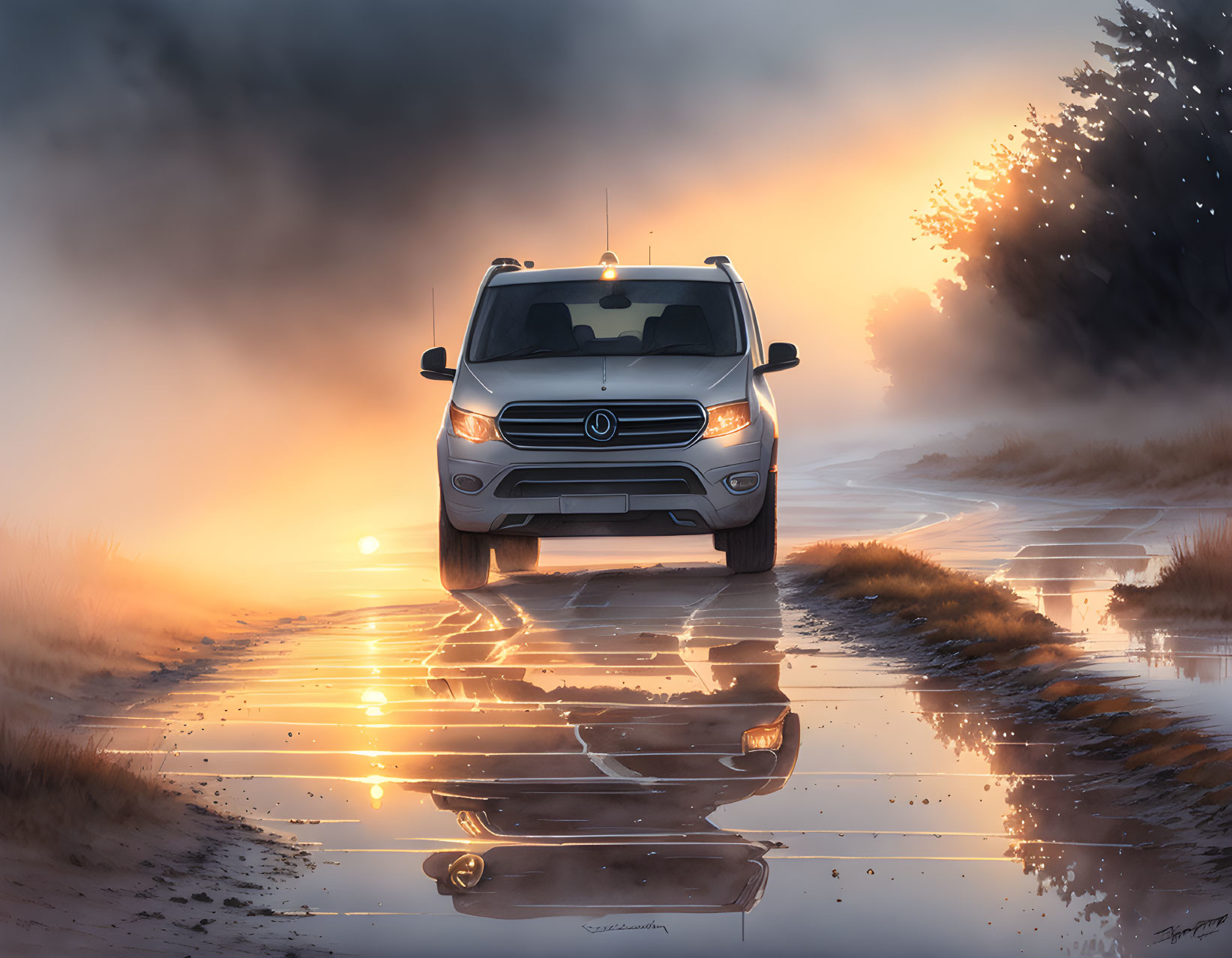 Silver SUV drives on wet, muddy road at sunrise in golden sunlight