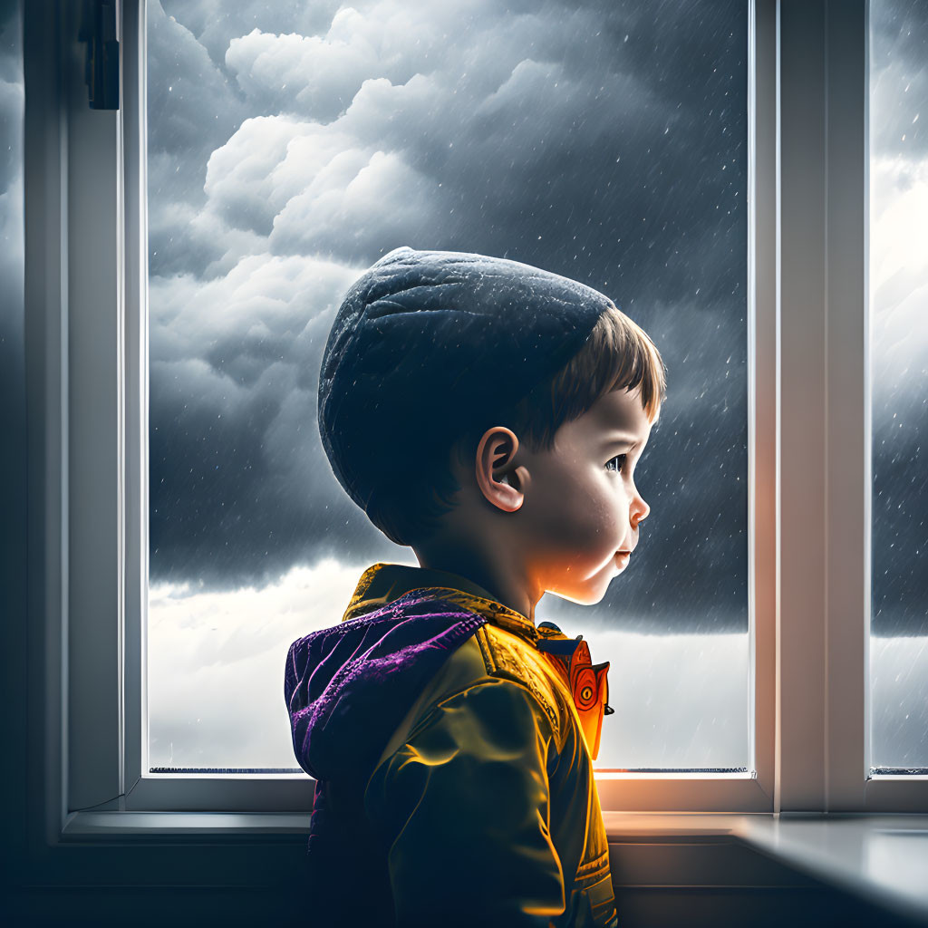 Child in yellow jacket and hat looking out window at rain and dramatic clouds