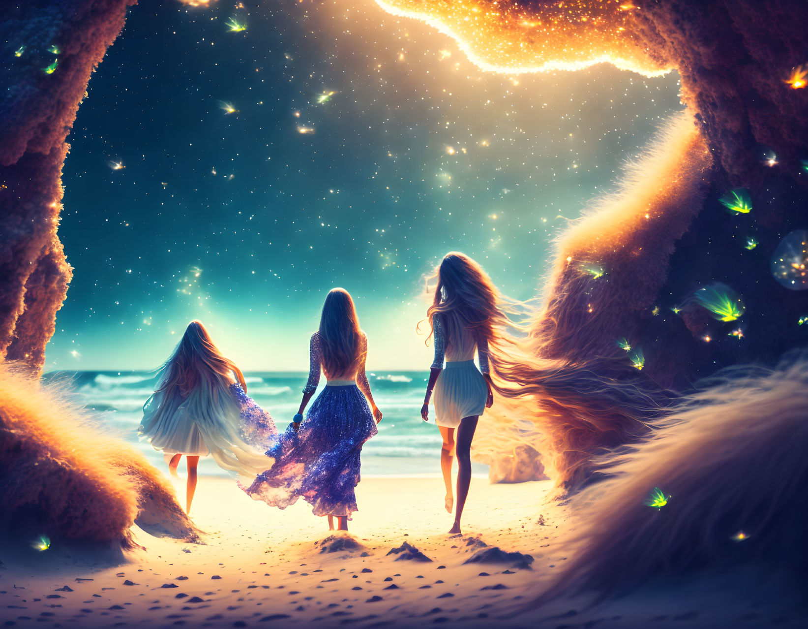 Three girls on starry beach with glowing cave and floating green lights