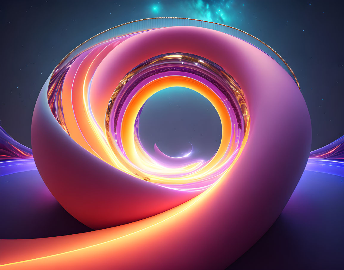 Colorful digital art: Glowing tunnel in purple, blue, and orange on cosmic background