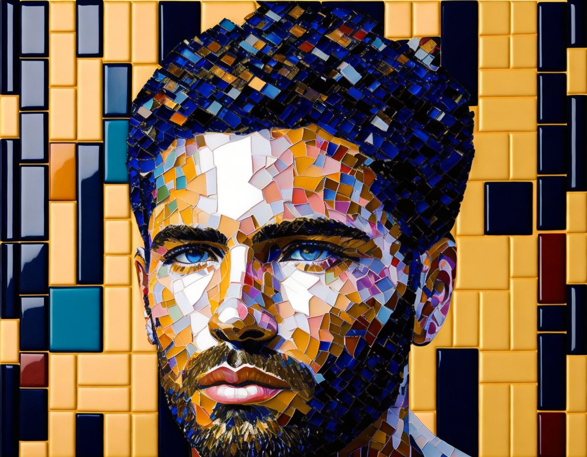 Geometric mosaic portrait on square tile background