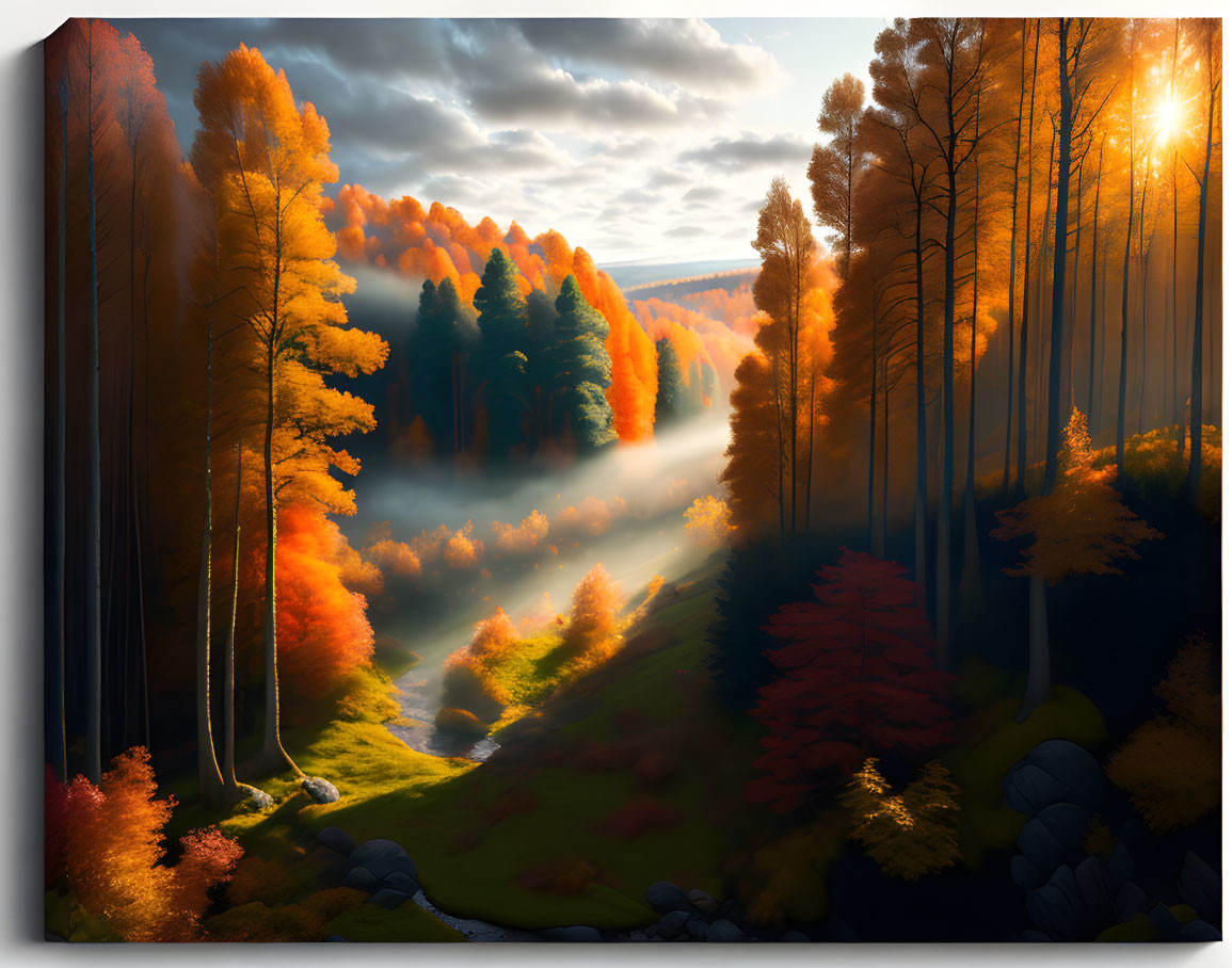 Golden sunlight illuminates misty autumn forest with vibrant fall colors and meandering creek