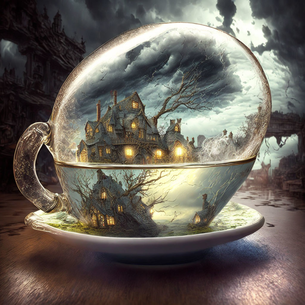 Surreal Victorian house in transparent teacup with stormy background