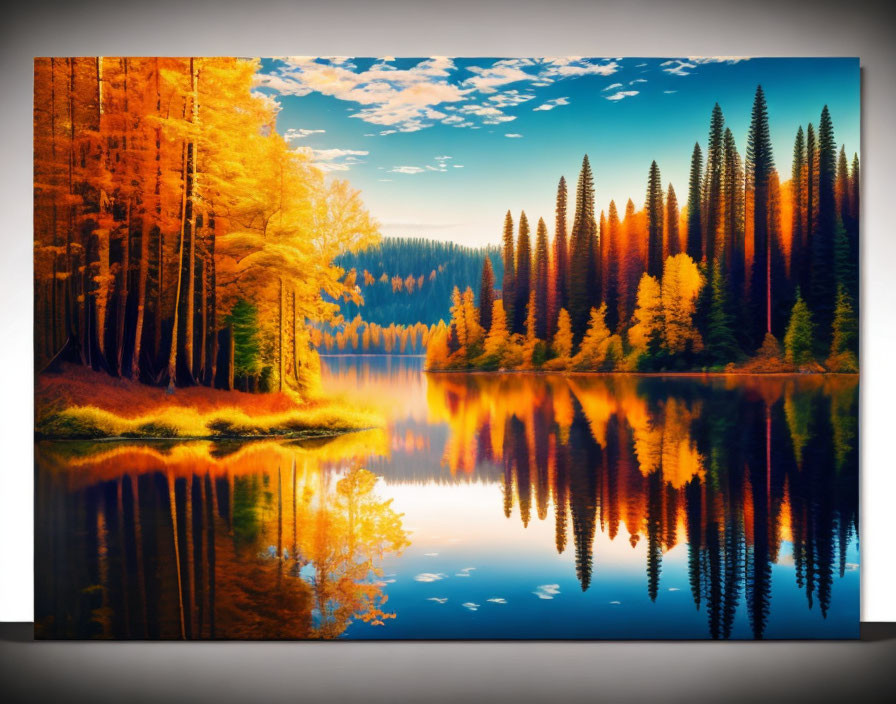 Golden Trees Reflecting in Calm Lake Under Blue Skies