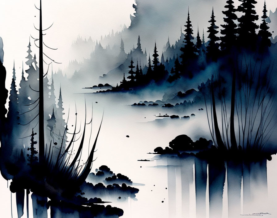 Monochromatic watercolor painting of misty lake with evergreen trees