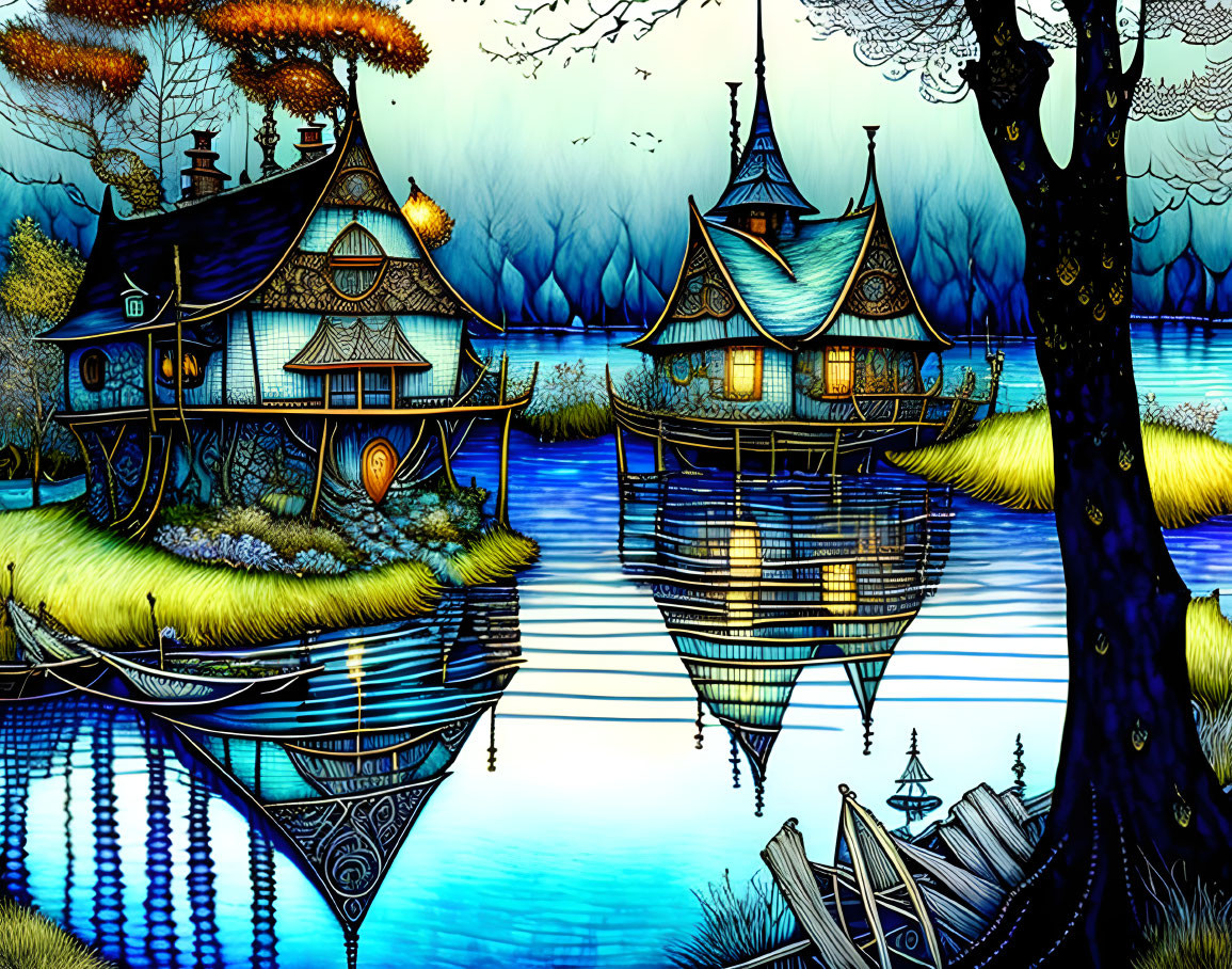 Illustration of fairytale houses near blue river in mystical forest