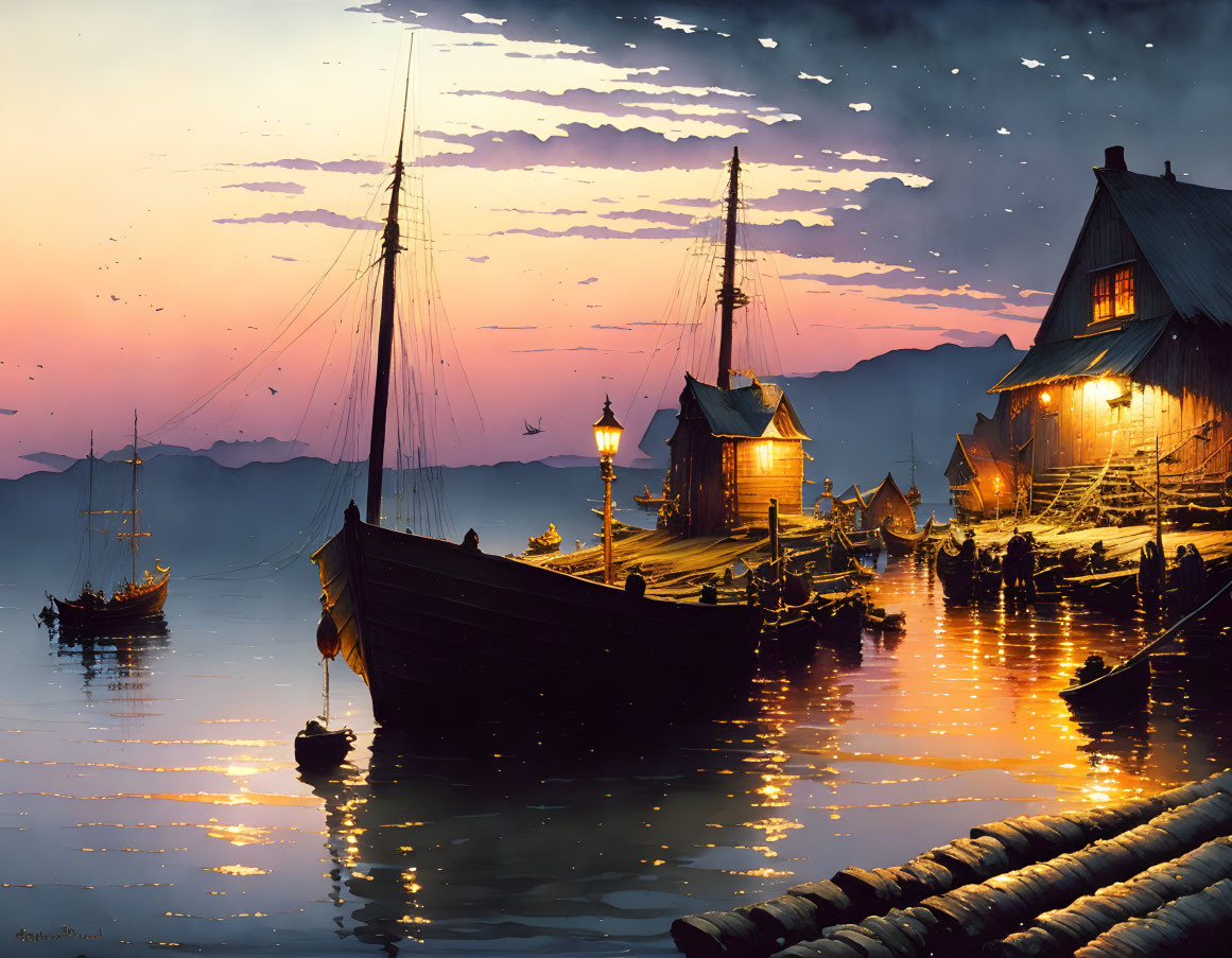 Tranquil harborside scene at dusk with boats and illuminated houses