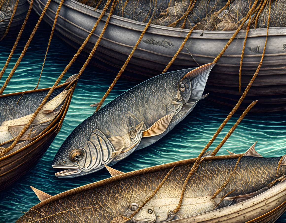 Surreal illustration of fish painted as wooden ships in dark sea