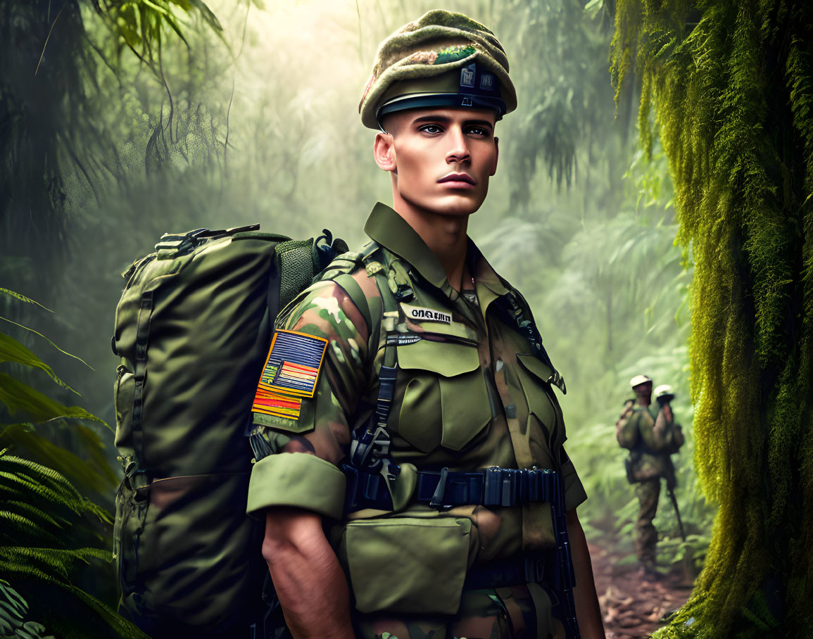 Soldier in camo uniform and beret in misty green jungle with comrade