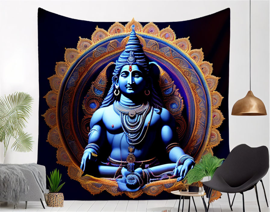 Vibrant four-armed deity tapestry against mandala backdrop in modern room