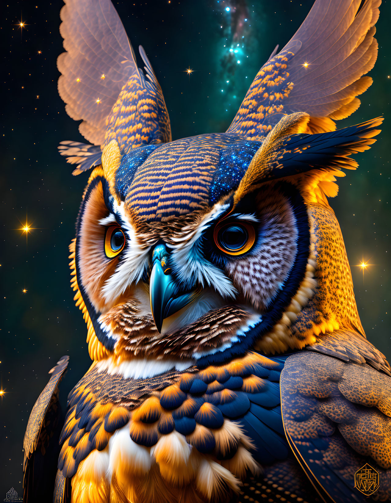 Detailed Owl Illustration with Vibrant Colors on Starry Night Sky