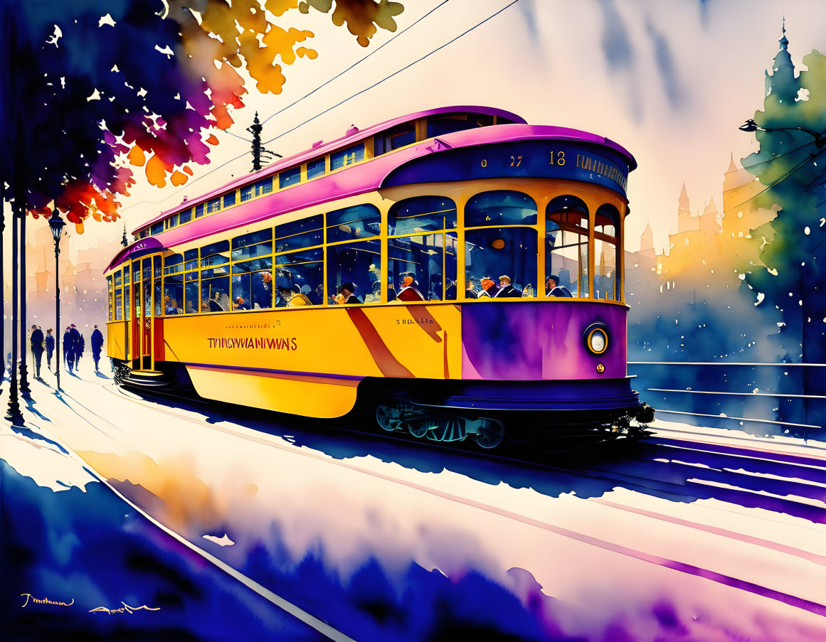 Colorful city street scene with yellow and purple tram and stylized trees at sunset.