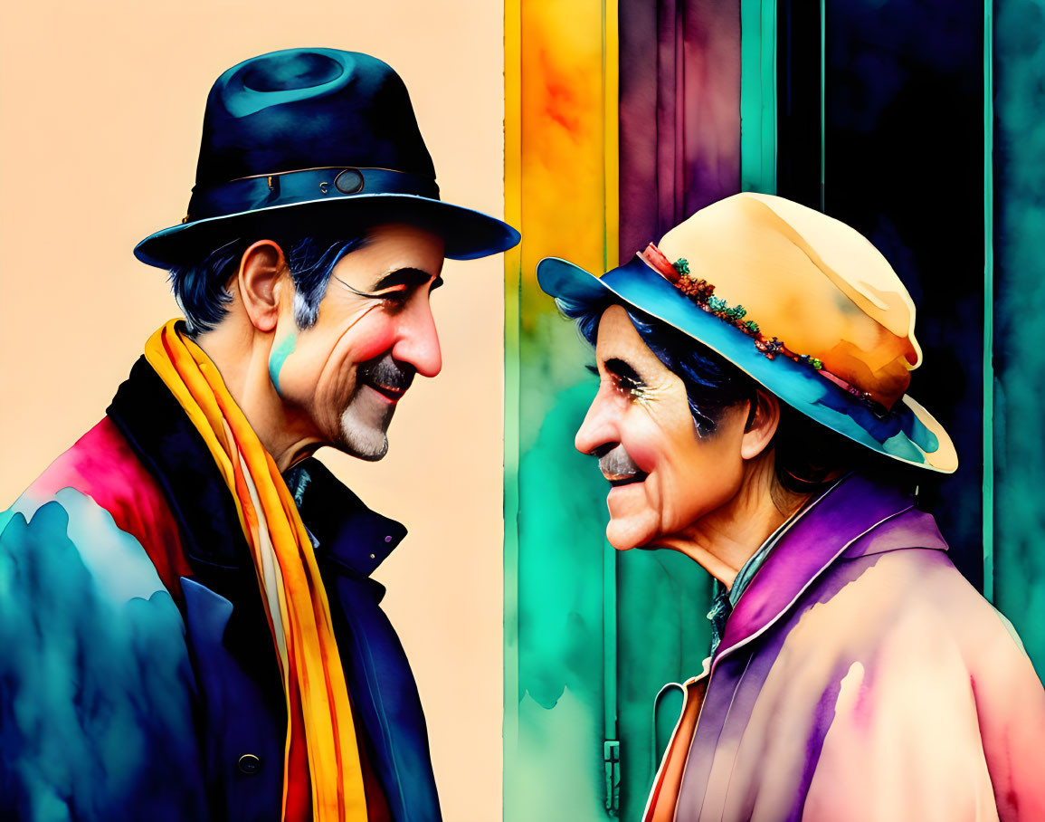 Caricatured man and woman in hats smiling on pastel background