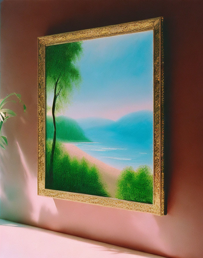 Serene beach landscape painting with green trees and calm waters