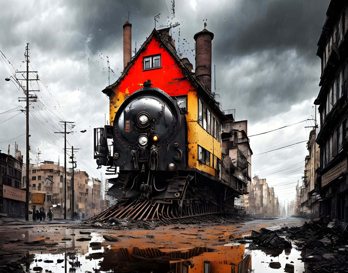 Surreal image: steam locomotive crashes through fiery house