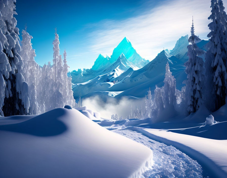 Snow-covered trees, clear blue sky, and sharp mountain peaks in serene winter landscape