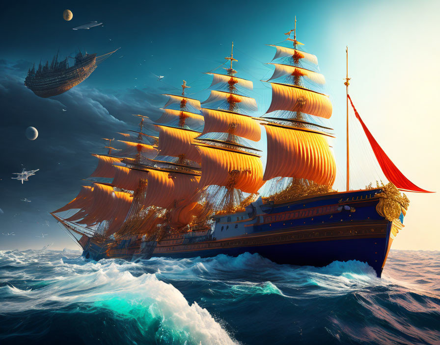 Majestic sailing ship with orange sails on turbulent sea waves & fantastical airships in the sky