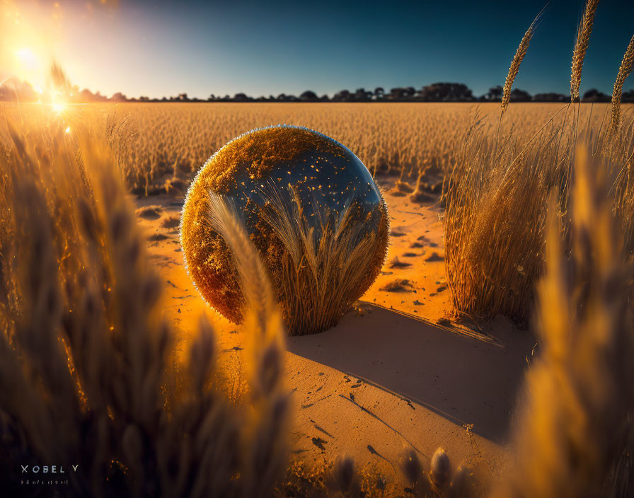 Golden wheat field sunset reflection in crystal ball