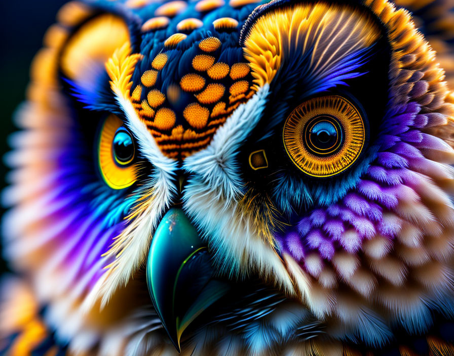 Colorful Owl Illustration with Vibrant Feathers and Intense Eyes