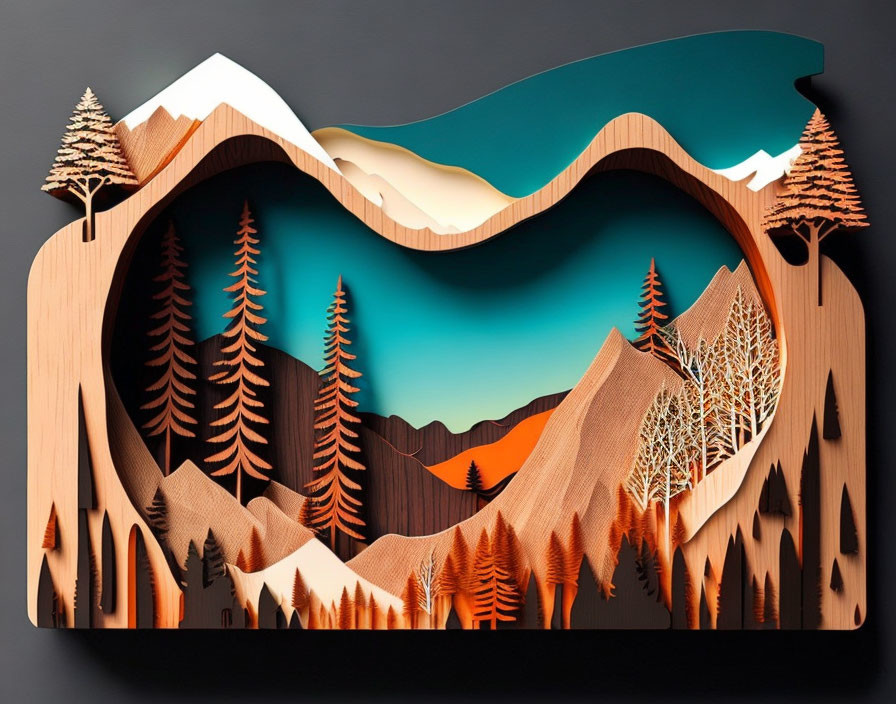 Intricate 3D paper art of mountain landscape & trees