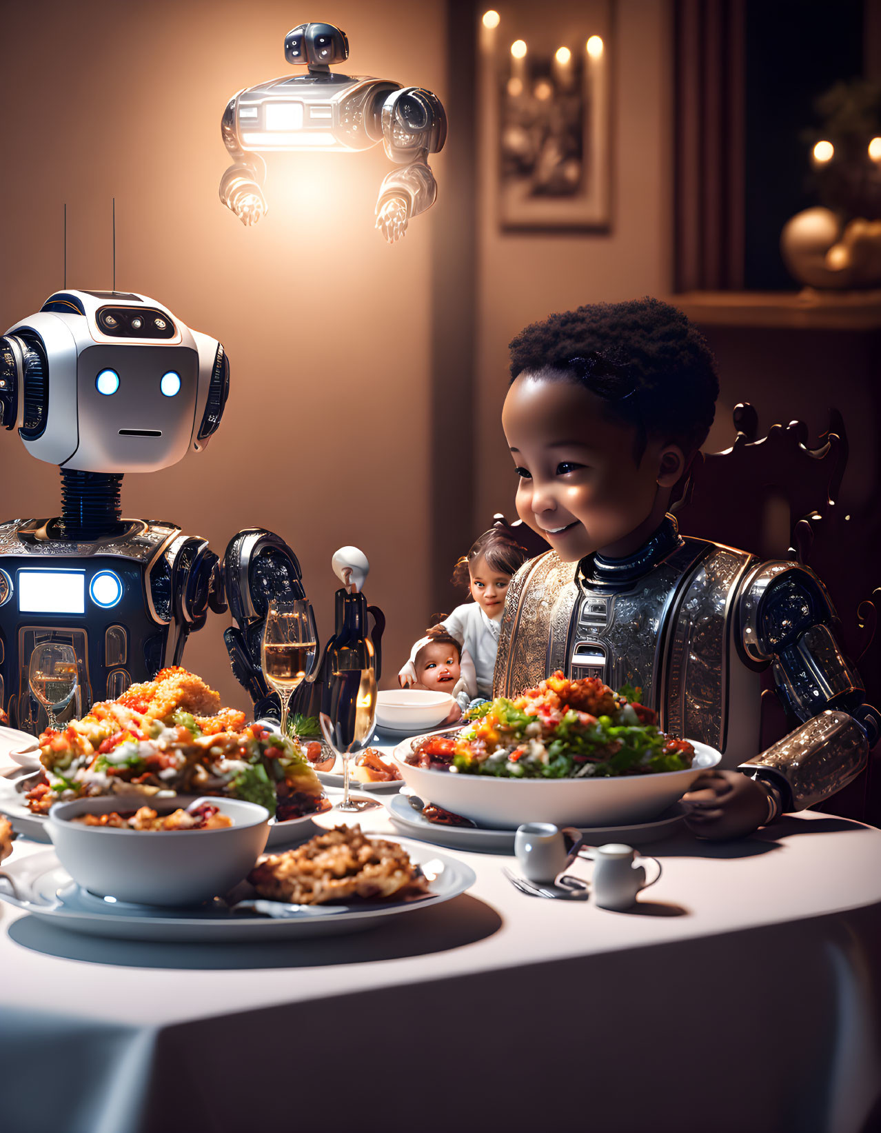 Child and robots at dining table with dishes in warm scene