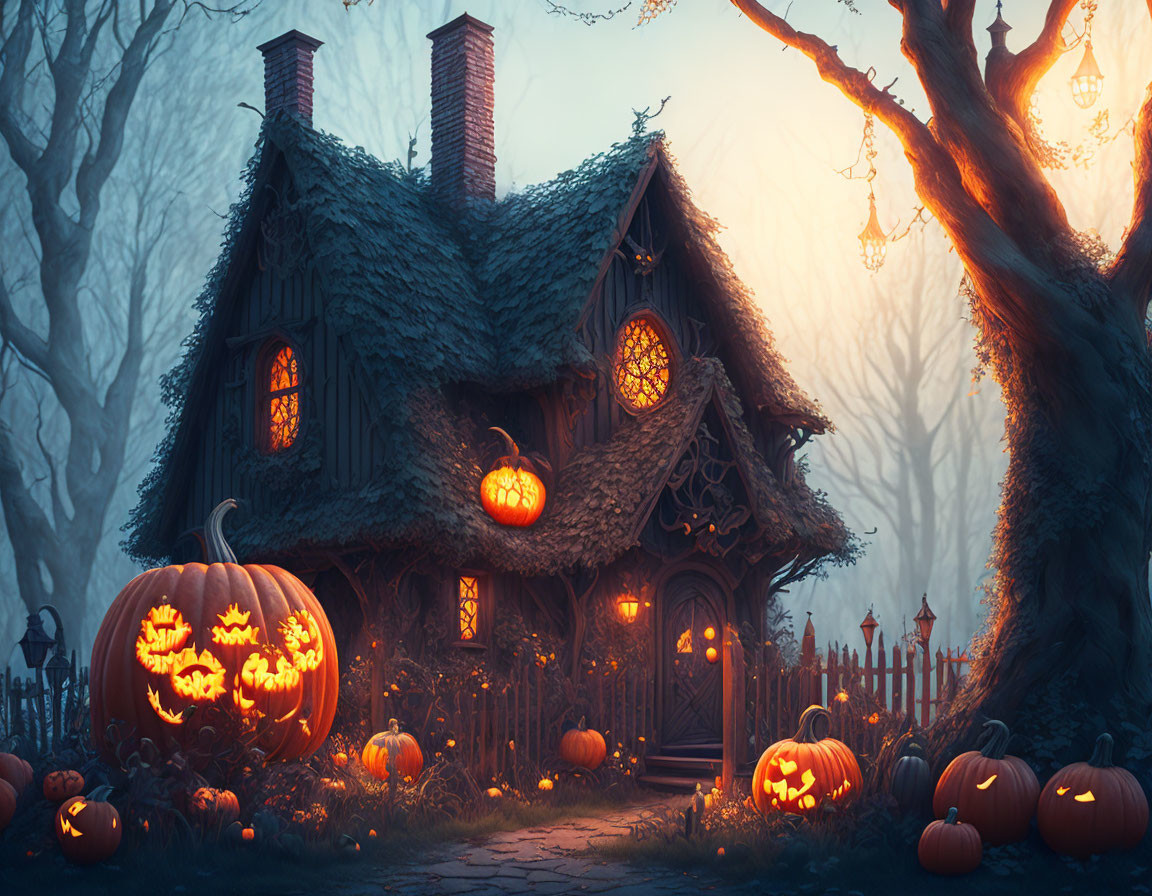 Thatched roof cottage with lit windows and carved pumpkins in twilight forest