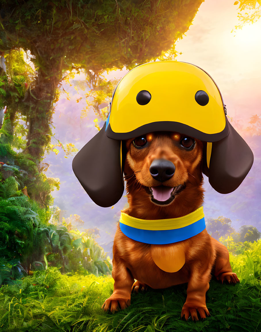 Brown Dachshund in Yellow Helmet in Sunny Forest