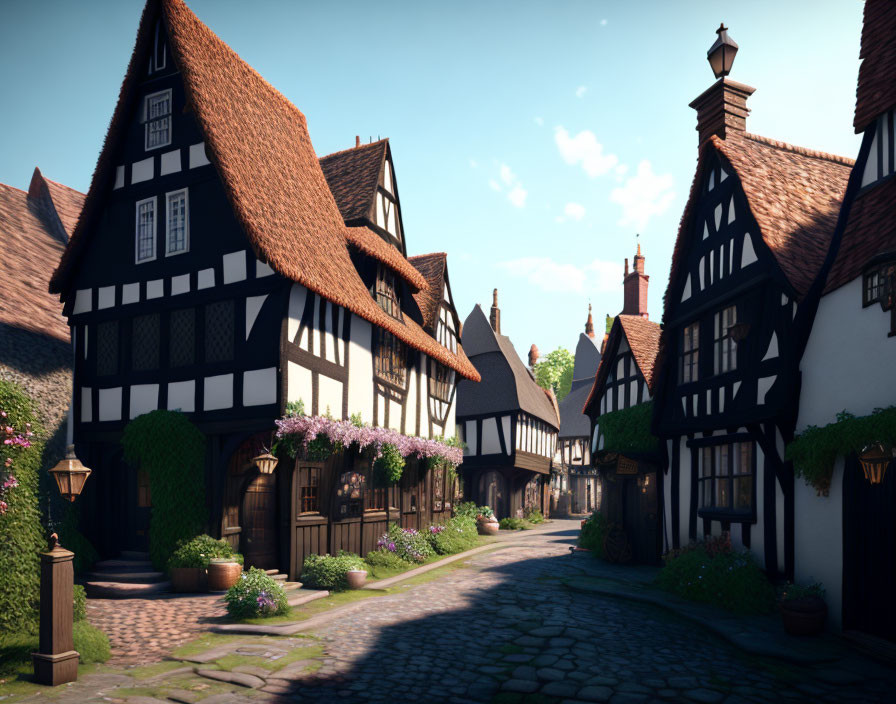 Medieval street with half-timbered houses under clear blue sky