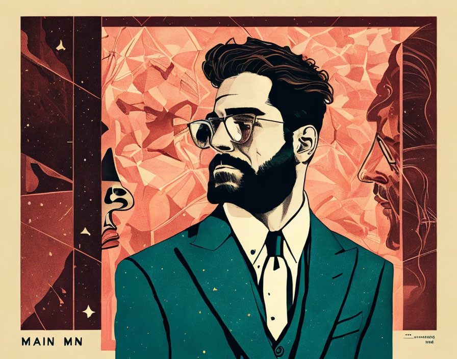 Bearded man in suit with glasses on abstract geometric background.