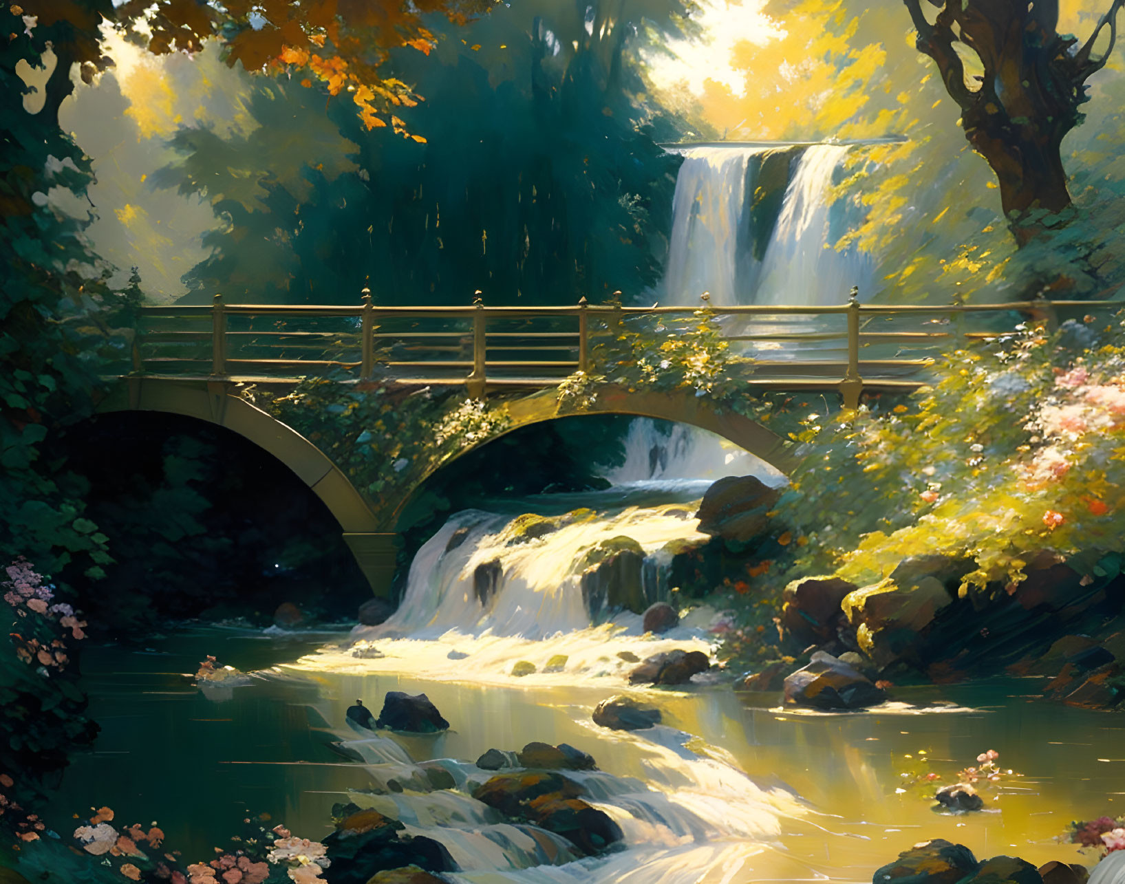 Tranquil scene: waterfall under bridge in lush green landscape