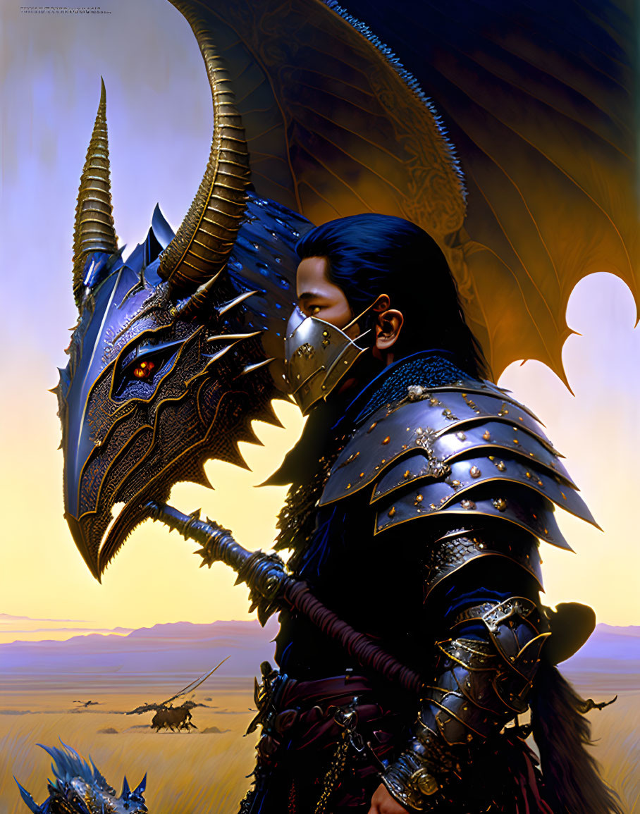 Warrior in black armor with dragon in twilight landscape