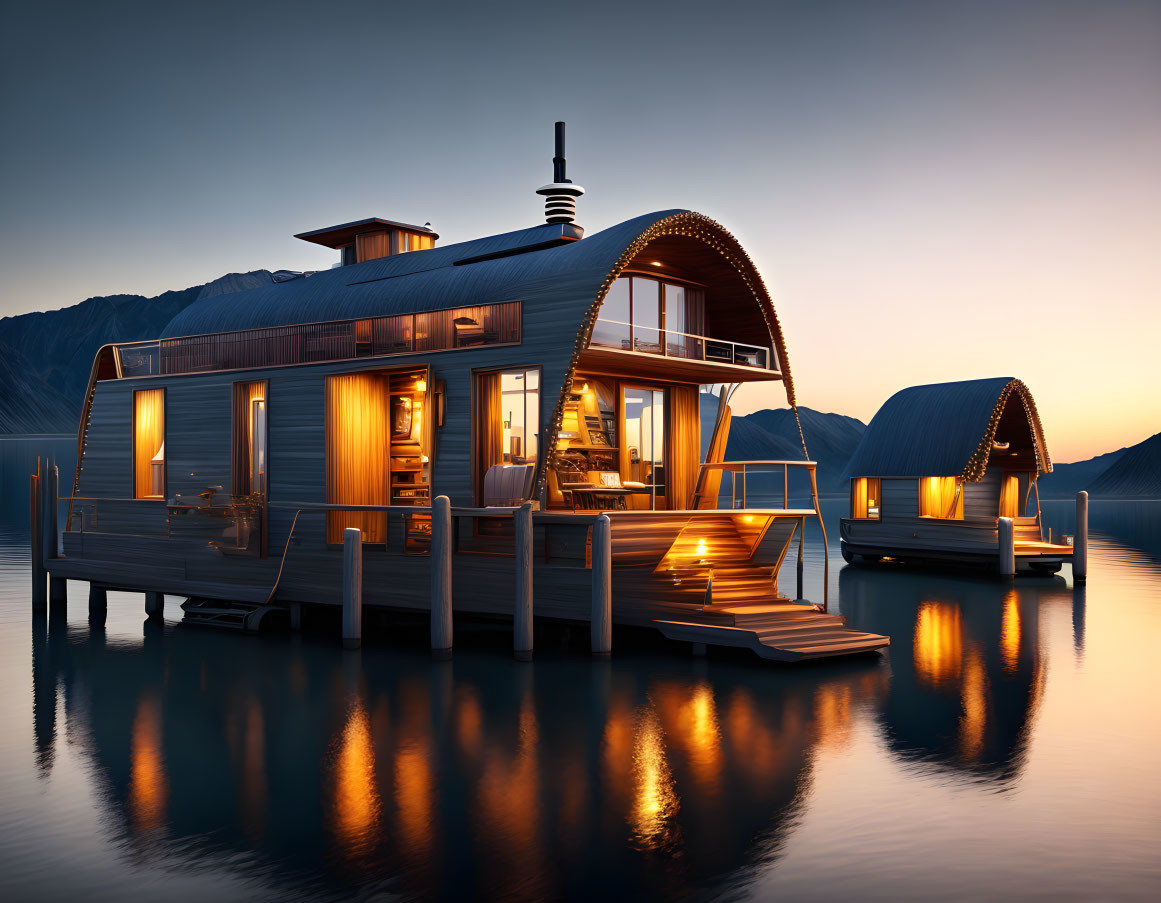 Luxurious illuminated houseboat on tranquil lake with mountains at dusk