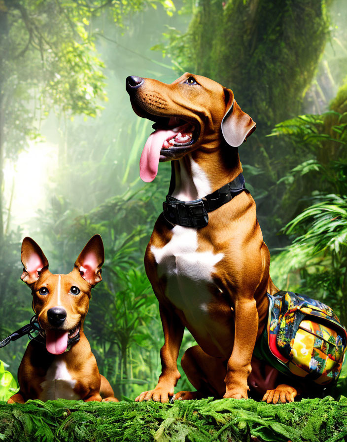 Two animated dogs in lush jungle: one large with black collar, one small with backpack.