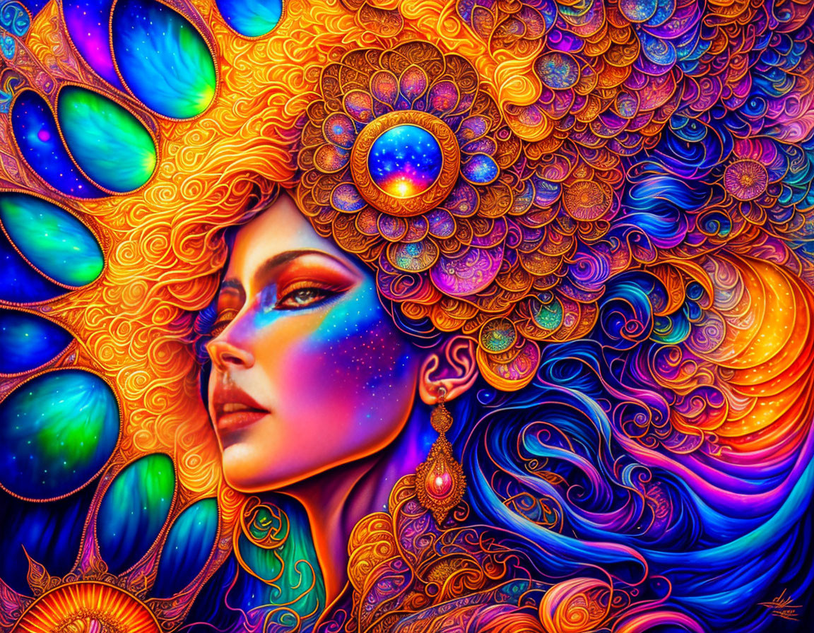 Colorful digital artwork: Woman with peacock feather motifs and swirling patterns