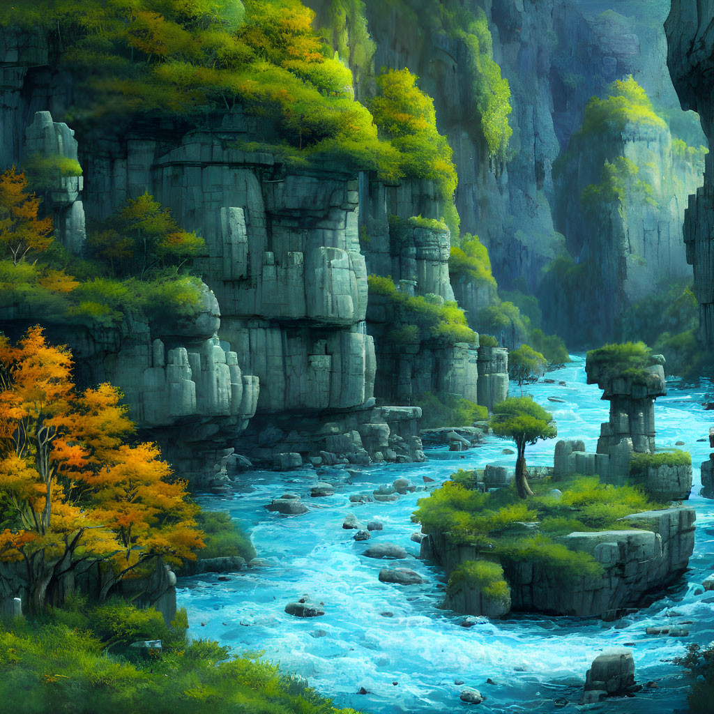 Tranquil river in lush canyon with vibrant autumn trees