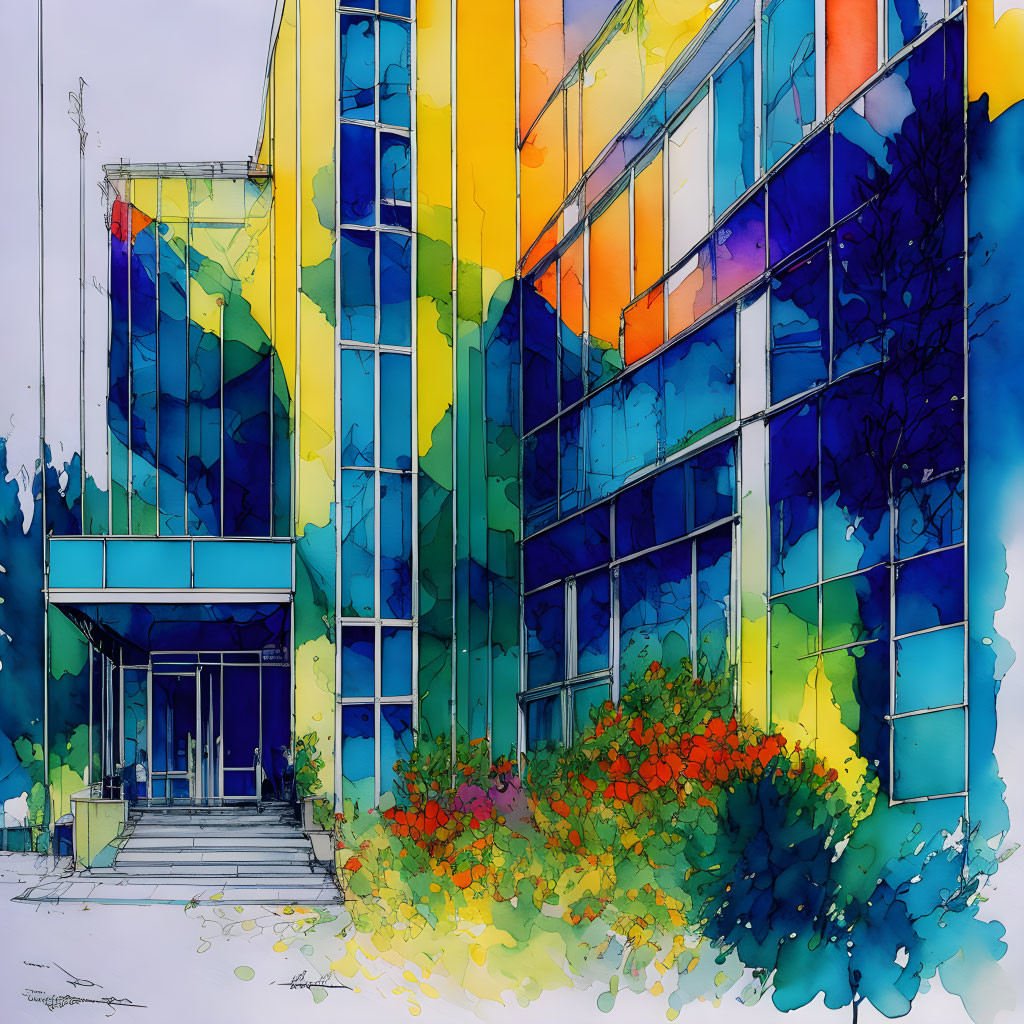 Colorful Watercolor Illustration of Modern Building with Glass Panels