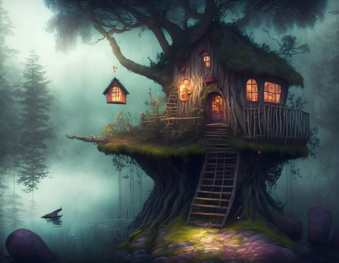 Mystical forest treehouse with glowing windows at twilight