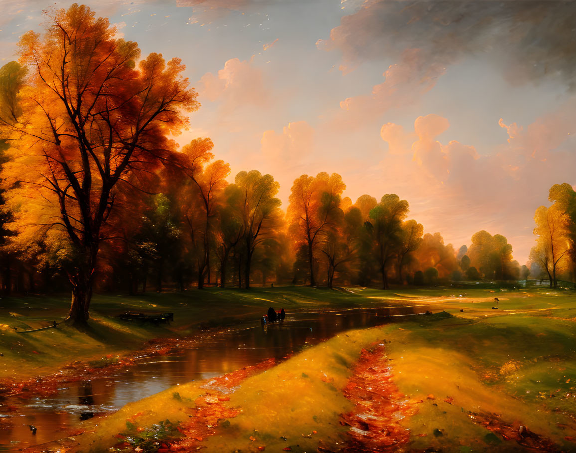 Tranquil autumn landscape: golden trees, river reflection, couple walking, warm sunset