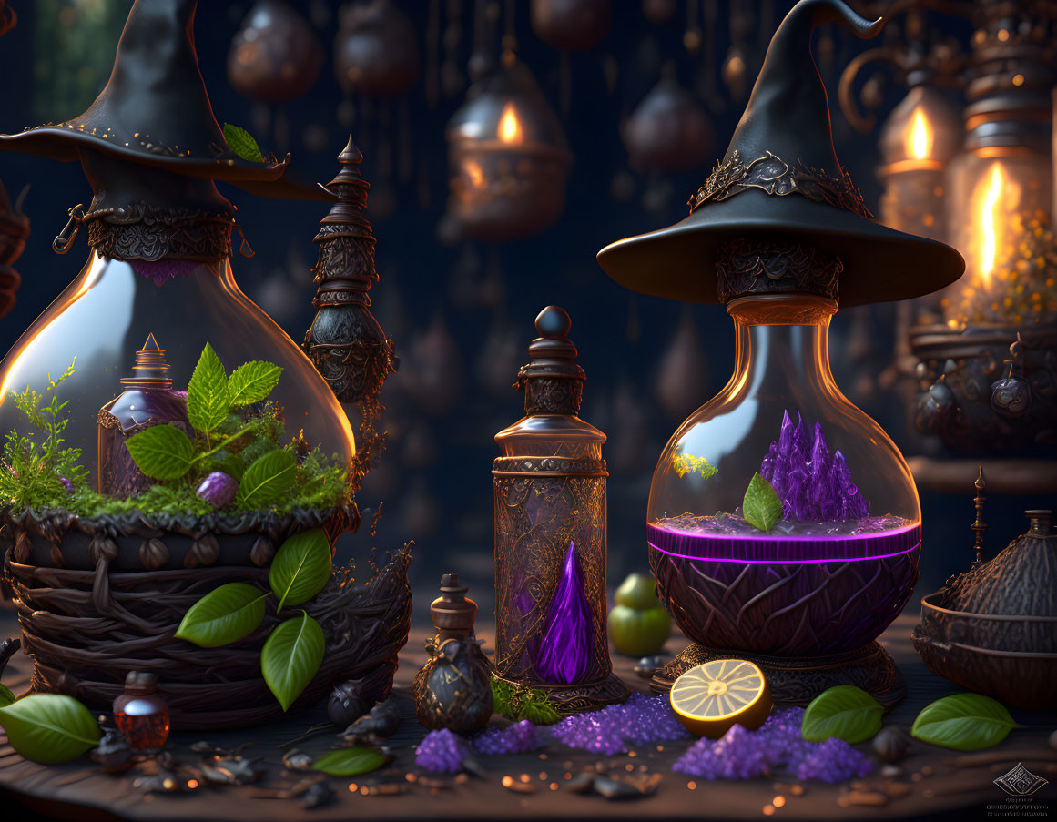 Mystical still life with magical potions, crystals, witch hats, and natural elements