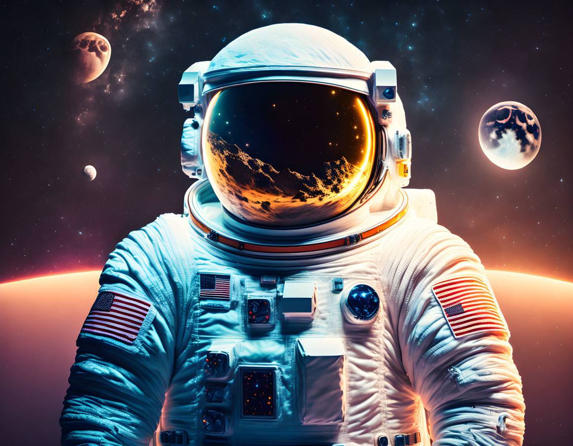 Astronaut in Space Suit with Reflective Visor Amid Planets and Stars