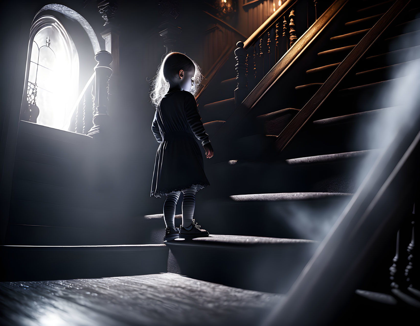 Young Child on Dark Wooden Staircase Beside Window with Light Shaft