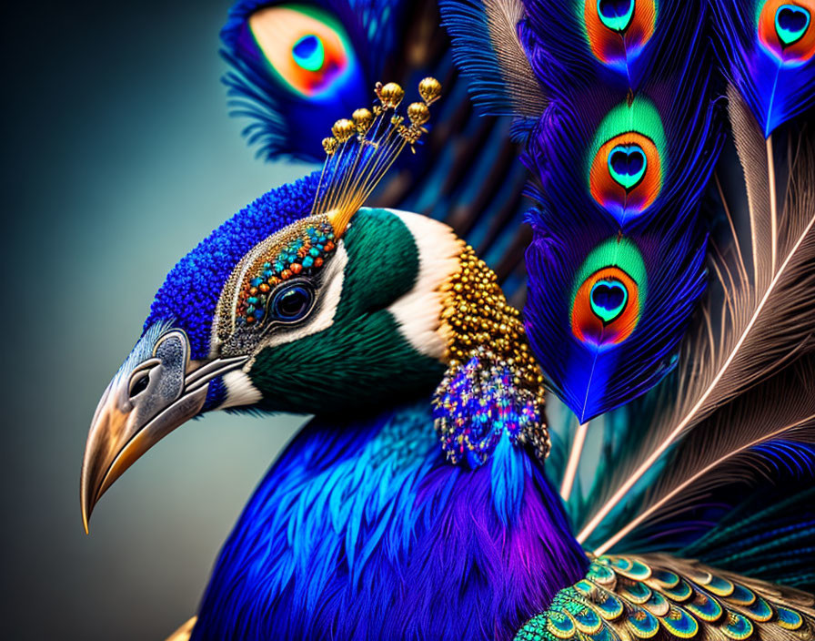 Colorful Peacock with Vivid Blues and Greens on Muted Background