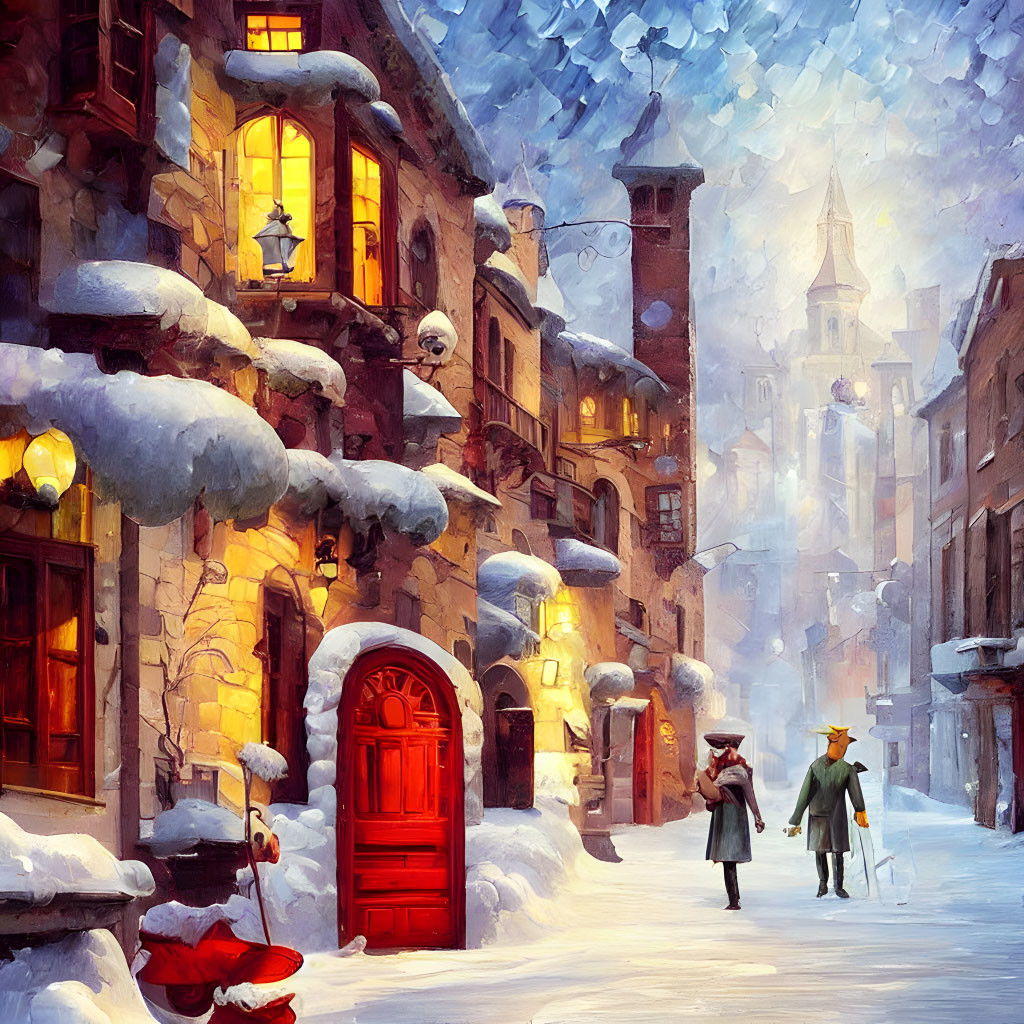 Snowy evening scene: Two people walking past warmly lit, snow-laden houses under soft orange glow