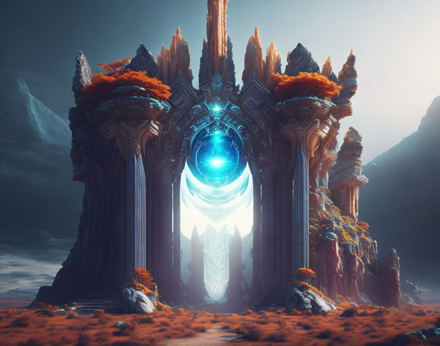 Ornate alien gateway with glowing blue orb in fantastical sci-fi scene