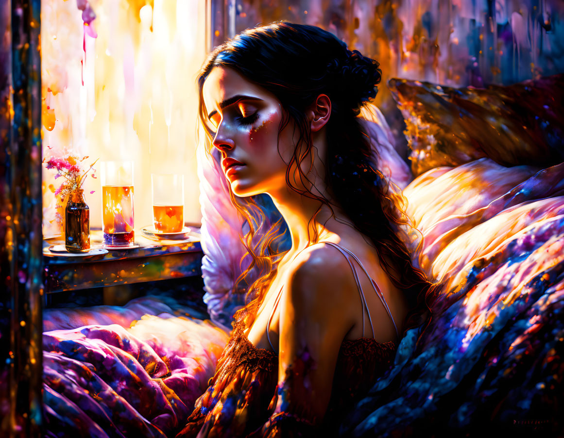 Contemplative woman by rain-streaked window with colorful bedding, candle, and flowers