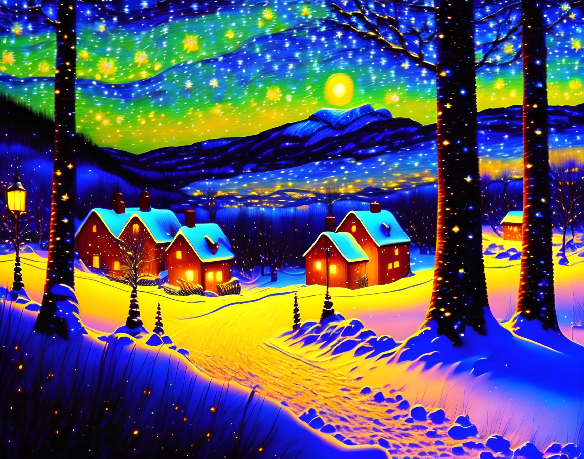 Digital art of a cozy winter village at night with illuminated houses and snow-covered trees