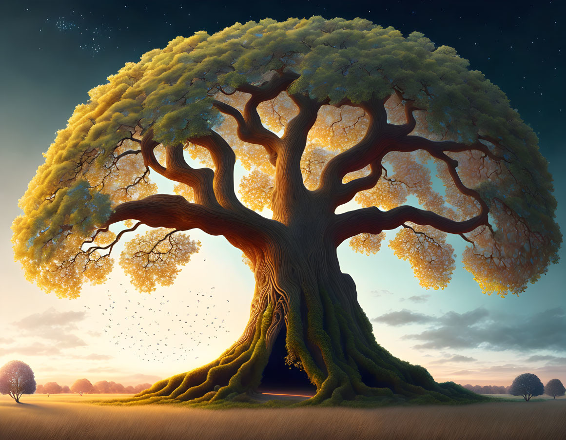 Majestic tree with wide trunk and lush canopy in serene dusk landscape