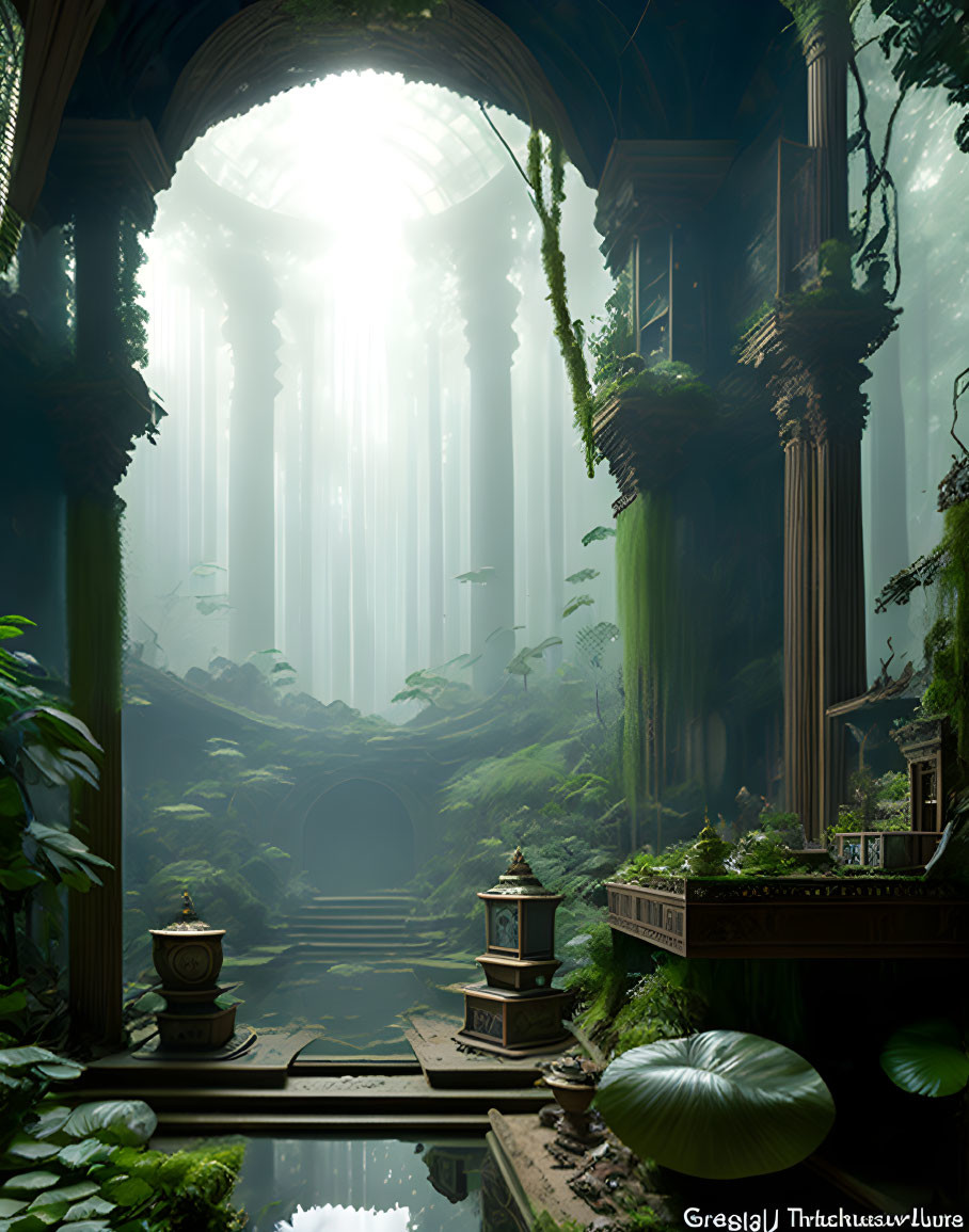 Ethereal overgrown ruin with towering columns and serene pools